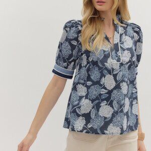 Women's Blue Floral Hydrangea Puff Sleeve Top Entro Size Small